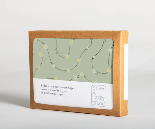 A boxed set of blank notecards, with a hand-drawn daisy chain illustration. Printed on uncoated, recyclable green paper, and packaged in a compostable box.