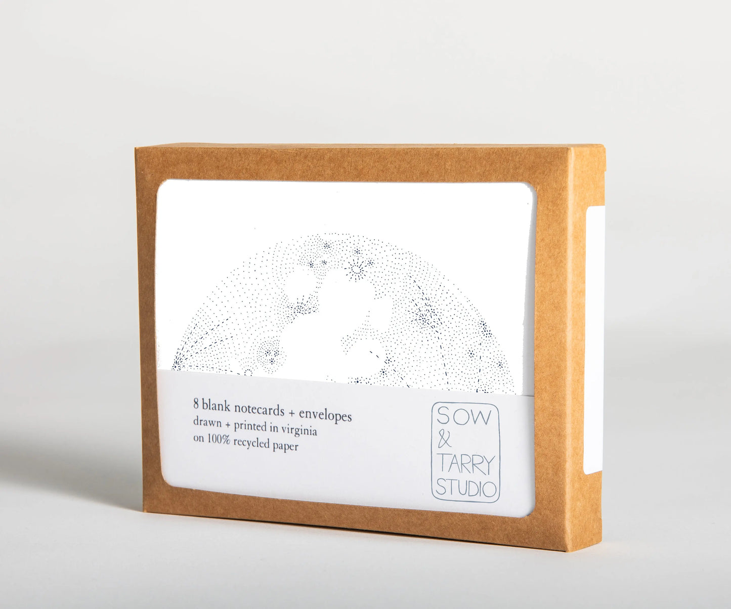 A boxed set of blank notecards, printed with a hand-drawn illustration of a moon on white, uncoated recycled paper. Packaged in a compostable box.