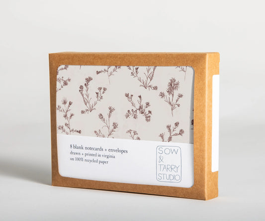 Hand-drawn wild daisies, maroon and cream colors, printed on uncoated recycled paper