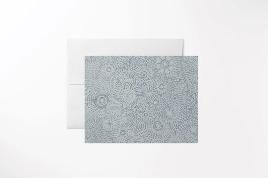 Blank notecard with a hand-drawn blue starry night cover on recycled, uncoated paper. With a matching white envelope.