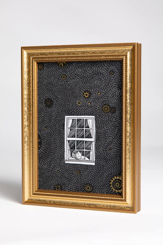 Gold-foil starry night illustration framed in American-made wood.
