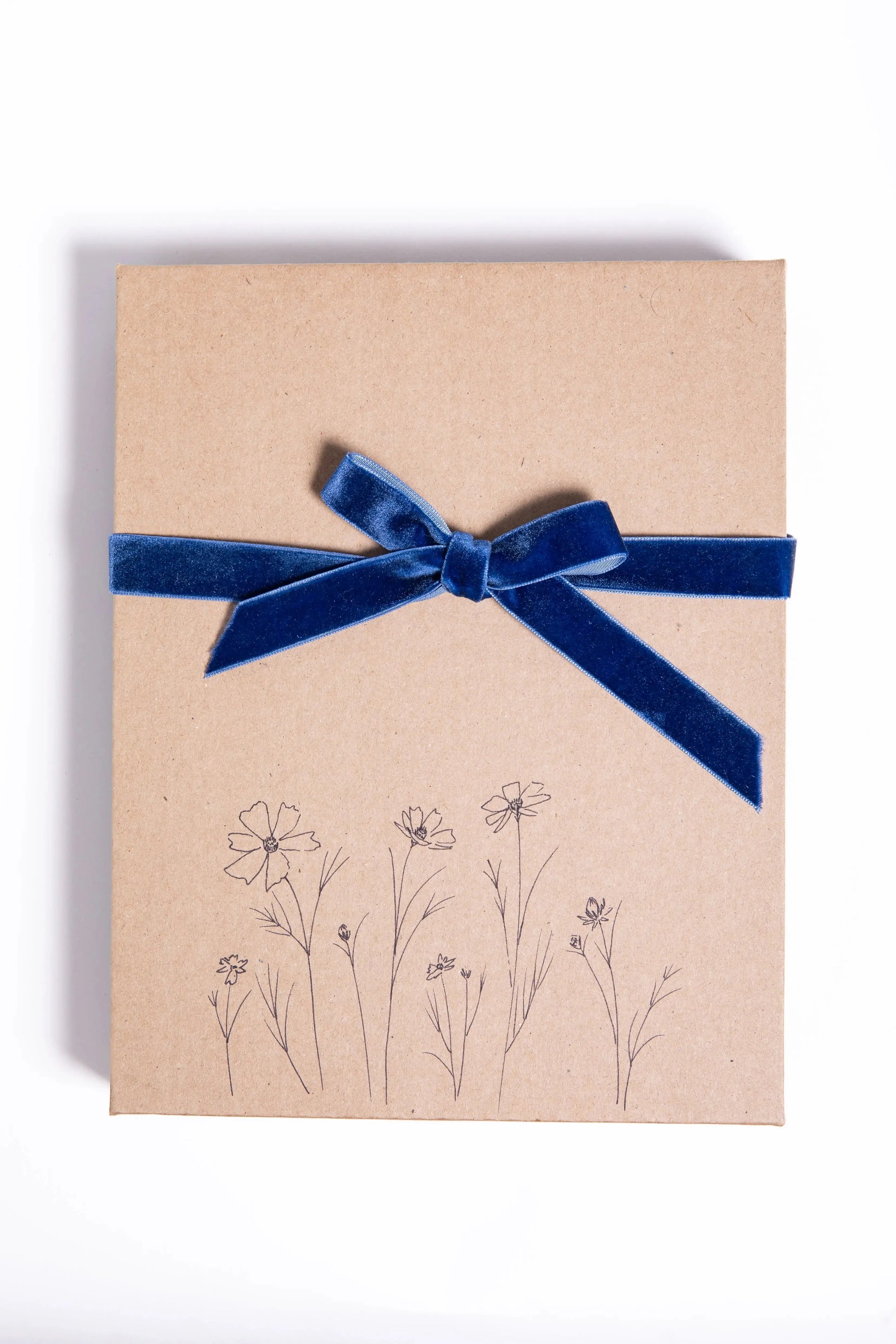A hand-illustrated recyclable, compostable box with blue velvet ribbon