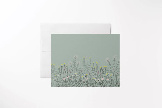 Blank notecard with a hand-drawn multi-colored tall-grass prairie. Printed on 100% recycled, uncoated paper, with a matching white envelope.